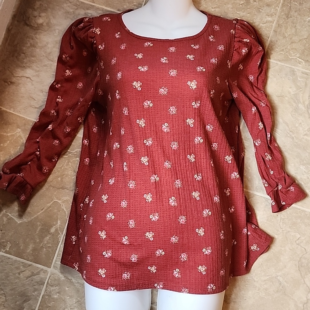 Women's Floral Puff-Sleeve Blouse in Dusty Rose Medium